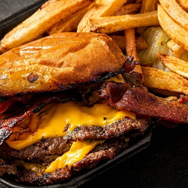 Close-up of a double bacon cheeseburger with melted cheese and a side of golden fries.