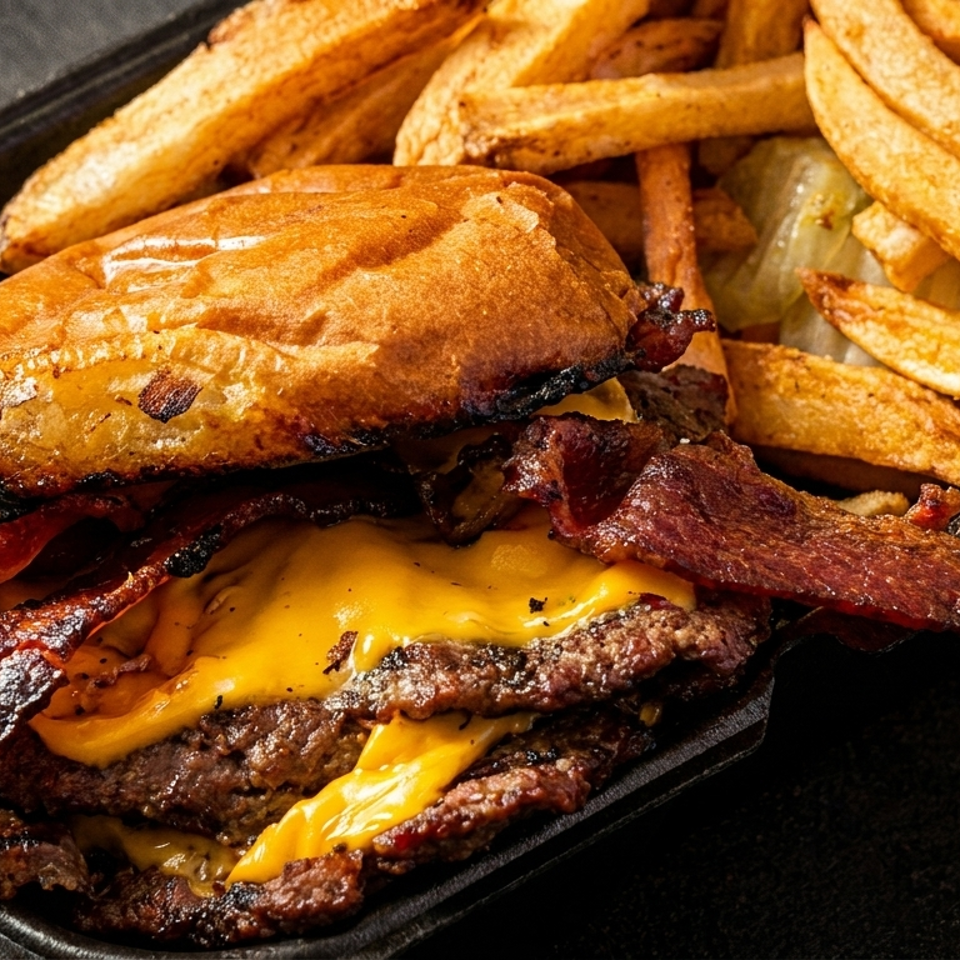 Close-up of a double bacon cheeseburger with melted cheese and a side of golden fries.