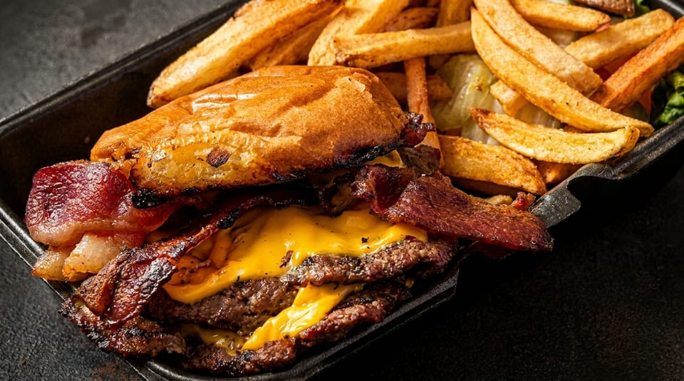 Close-up of a double bacon cheeseburger with melted cheese and a side of golden french fries.