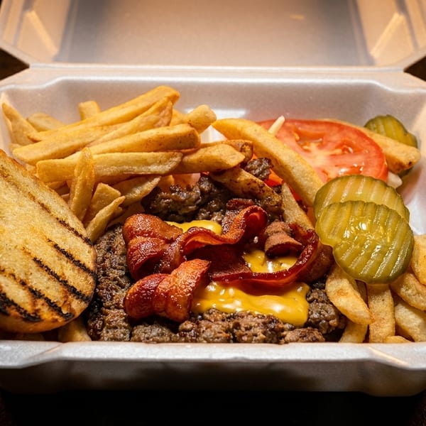 Deconstructed bacon cheeseburger with fries, pickles, and tomato in a white takeout container.