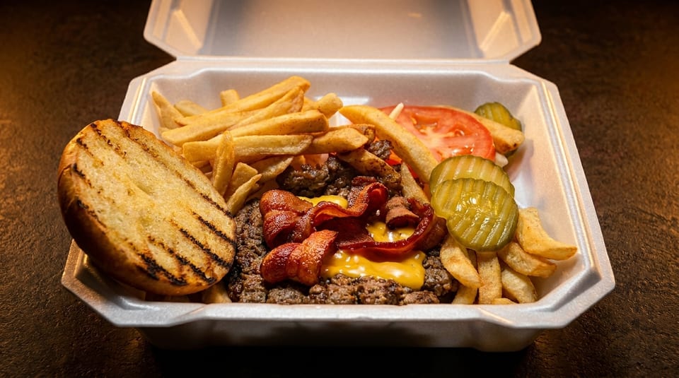 Deconstructed bacon cheeseburger with fries, pickles, and tomato in a white takeout container.