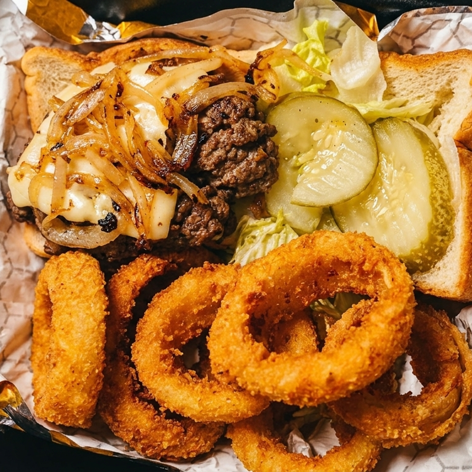 A patty melt with caramelized onions, pickles, lettuce, and a side of crispy onion rings.
