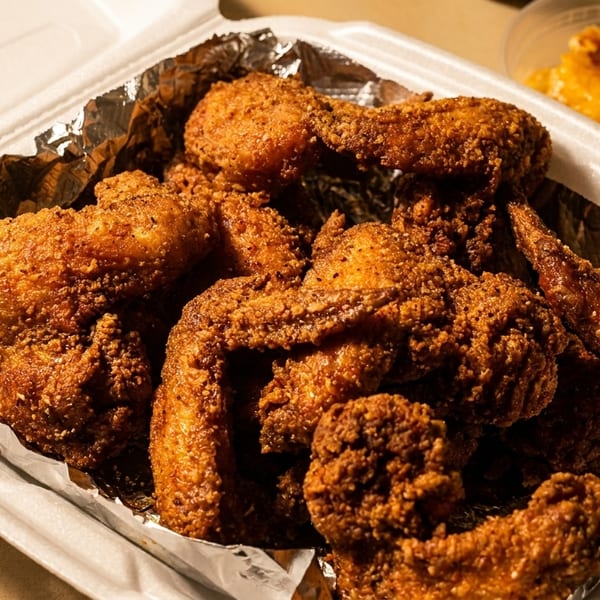 Crispy fried chicken pieces in a white takeout container with a side of mac and cheese.