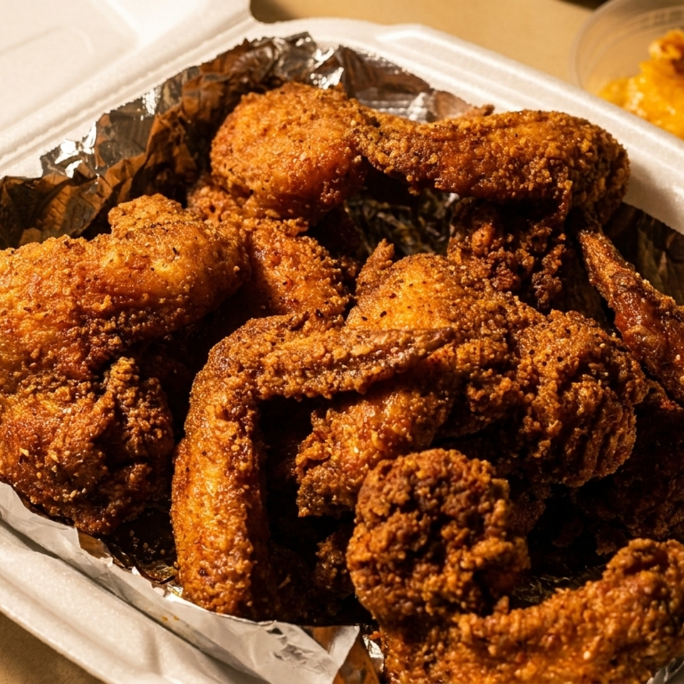 Crispy fried chicken pieces in a white takeout container with a side of mac and cheese.