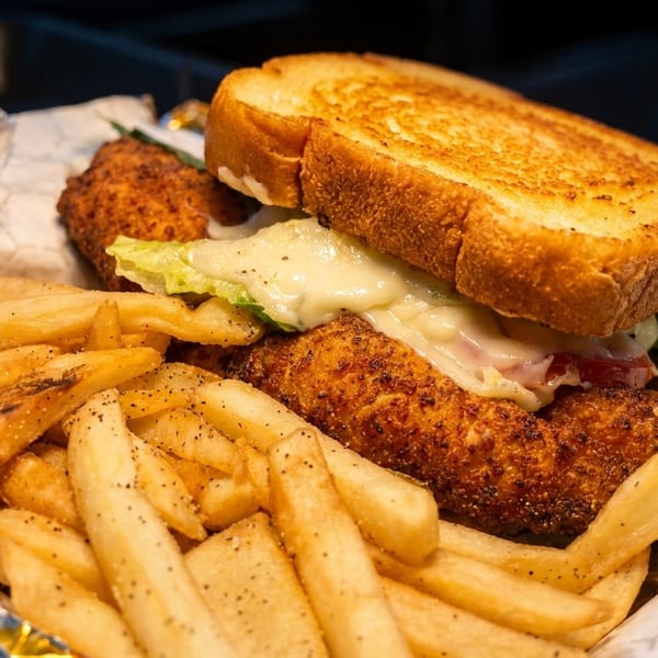 Crispy chicken sandwich with melted cheese, lettuce, and tomato, served with seasoned french fries.